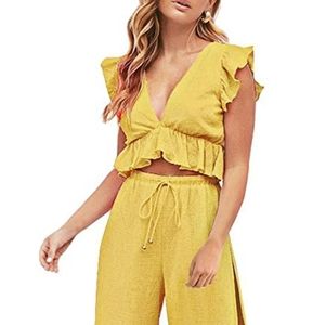 Yellow Crop Top Blouse Ruffle with flutter sleeve SZ M
